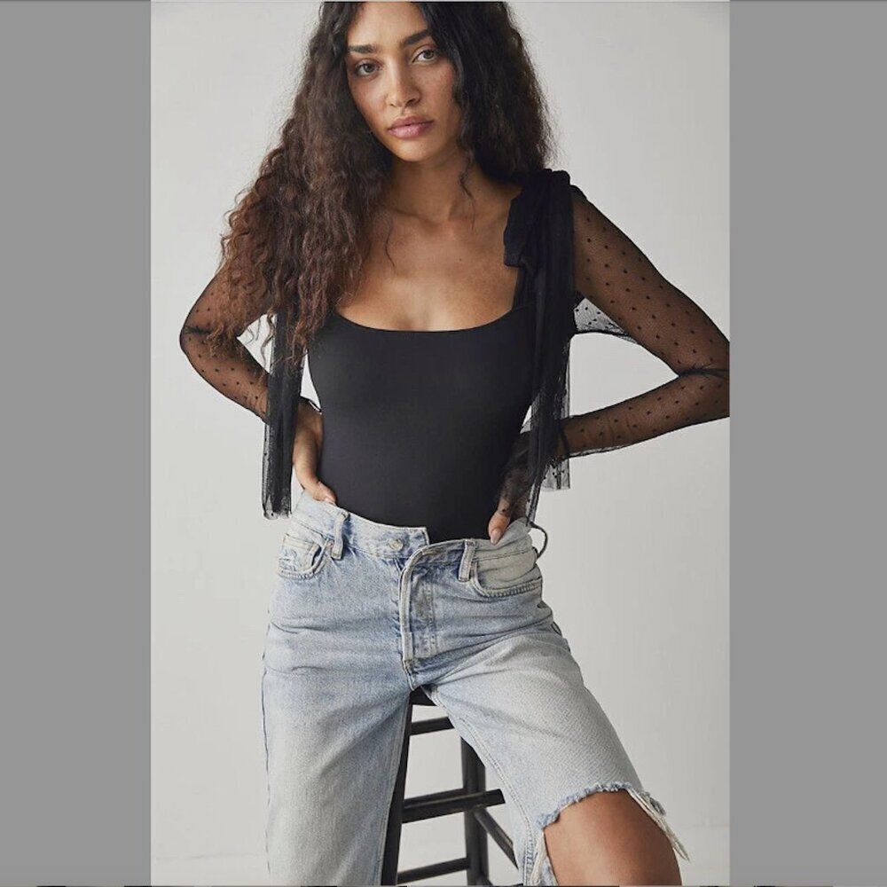 Women's XS Intimately Free People Tongue Tied Lace mesh Tie Shoulder Bodysuit - Picture 3 of 14